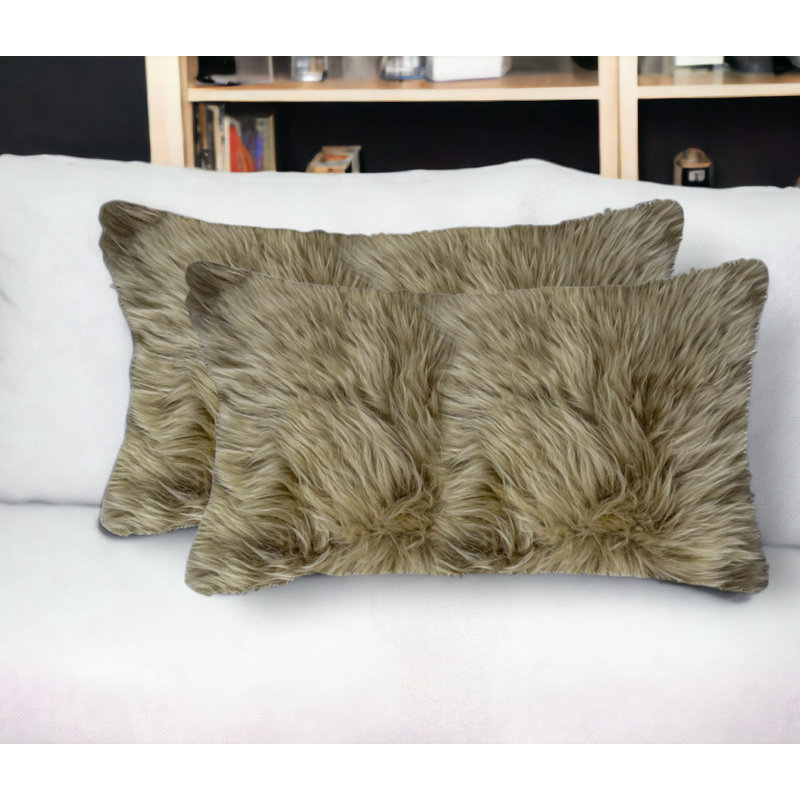 Taupe Sheepskin Rectangular Throw Pillow Set