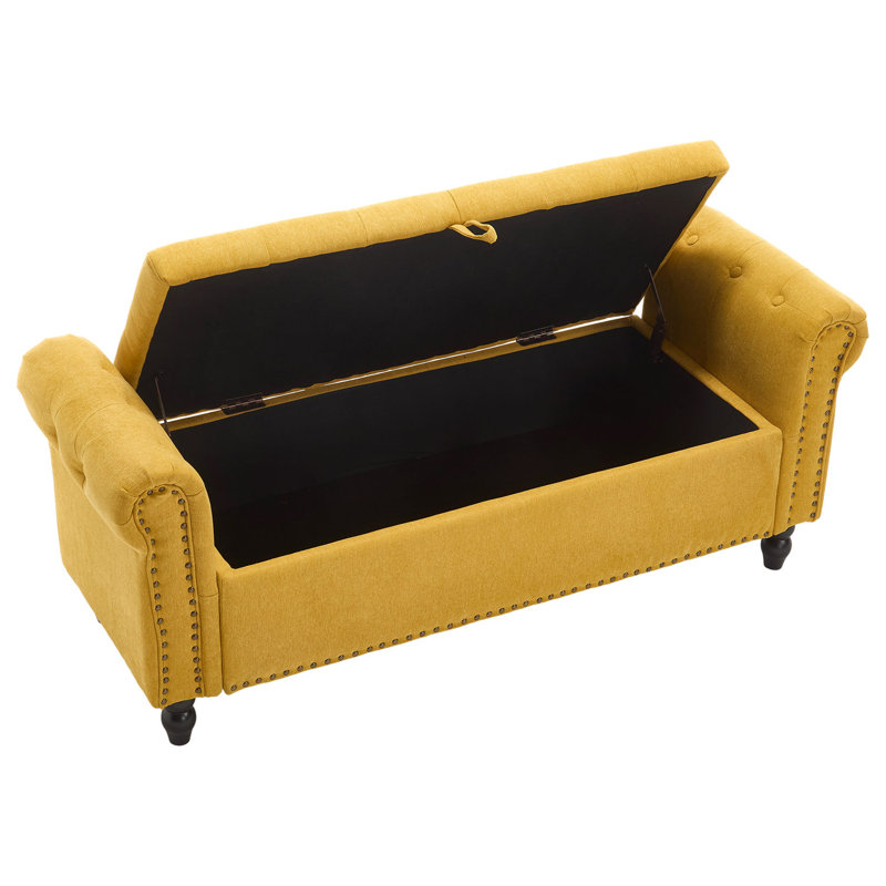 Repose-pieds capitonné avec rangement capitonné, Tissu jaune moutarde