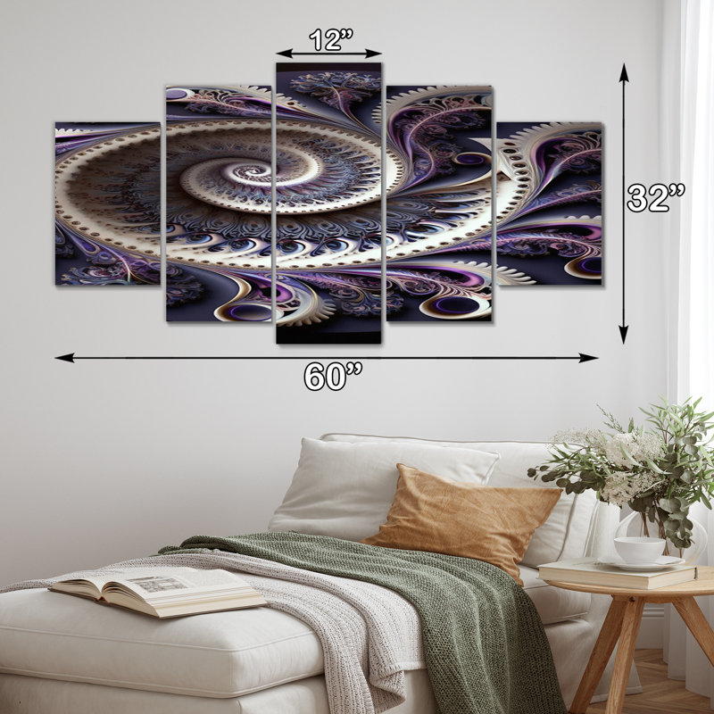 «Mauve fractal galactique Mandala I», reproduction sur toile - 5 panneaux