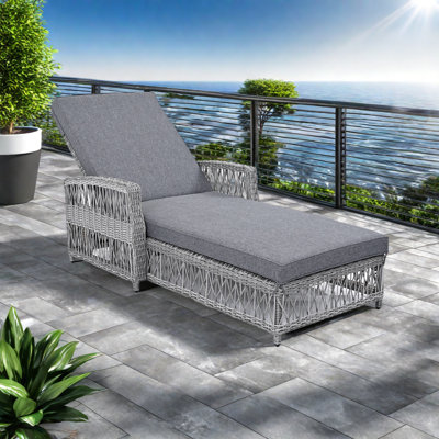 Outdoor Long Reclining Chaise, Wicker Lounge With Armrests, Patio Adjustable Recliner With Soft Removable Cushions, All Weather Rattan Pool Lounge For Poolside & Garden