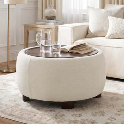 Pouf de rangement rond avec plateau en bois amovible