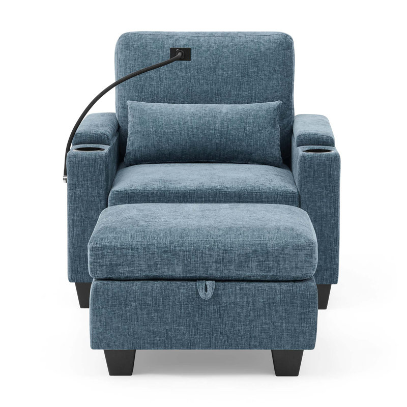 Canapé inclinable simple avec réglage manuel du dossier et repose-pieds avec rangement USB, Bleu