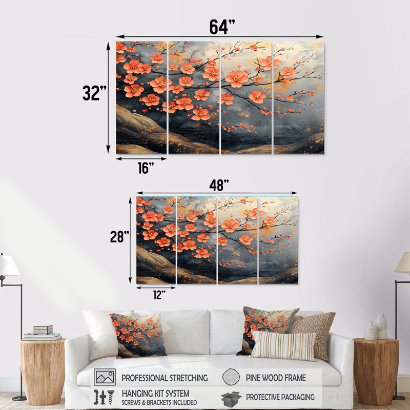 «Orange Blossom Branch On Golden River II», ensemble de reproductions d'art mural cerisier en fleurs, H 32 po x l 64 po