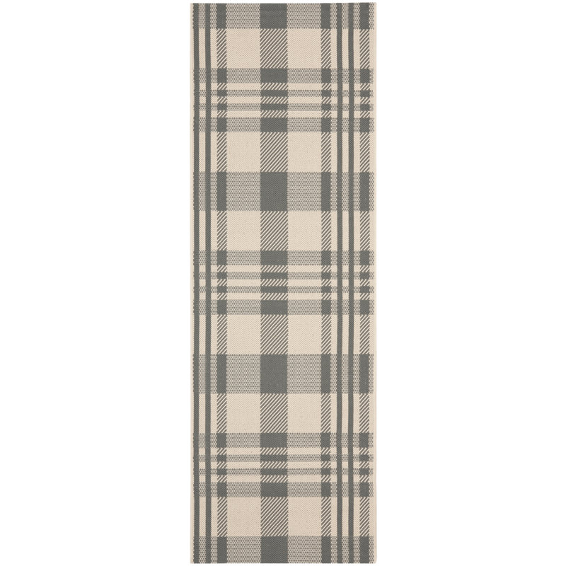 Tapis d'intérieur / extérieur à motif écossais Debriana Performance, Grey/Bone, Tapis de couloir 2 pi 3 po x 14 pi