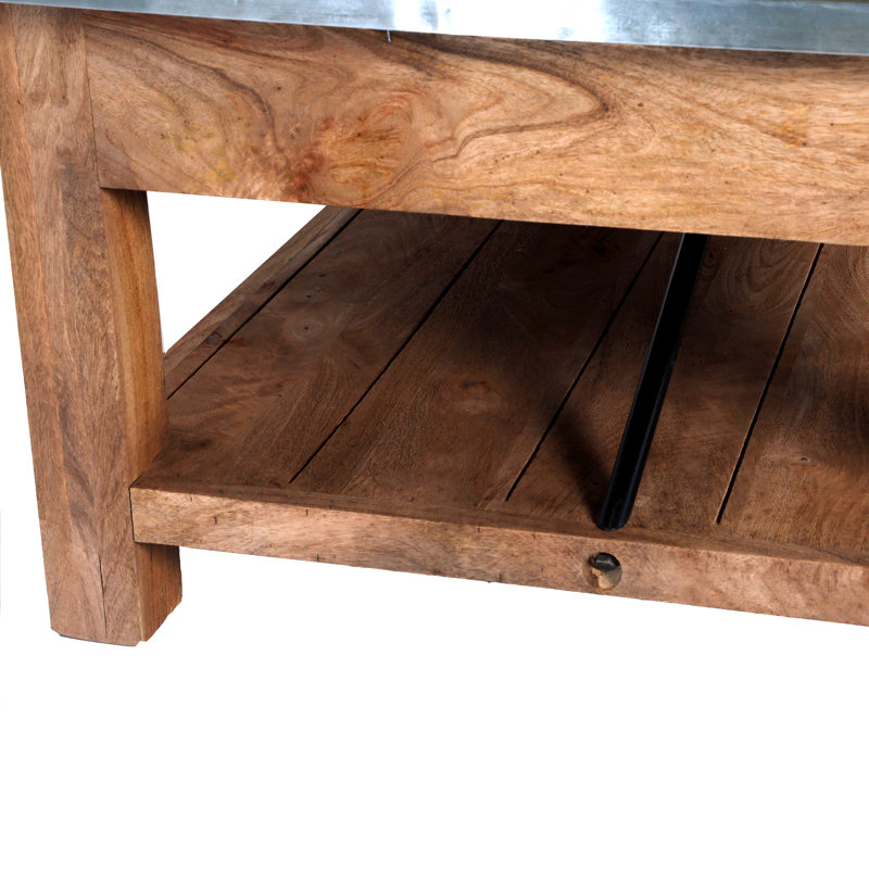 Industrial Rustic Wood and Zinc Metal Coffee Table with Shelf