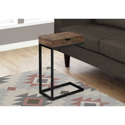 Table d'appoint, en forme de C, bout, côté, collation, tiroir de rangement, salon, chambre à coucher, stratifié brun, métal noir, contemporain, moderne