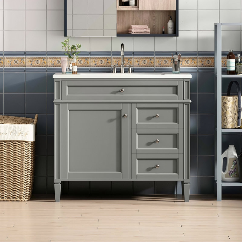 Meuble-lavabo de 36 po avec lavabo supérieur, meuble-lavabo moderne avec 2 tiroirs et tiroir escamotable, meuble-lavabo simple