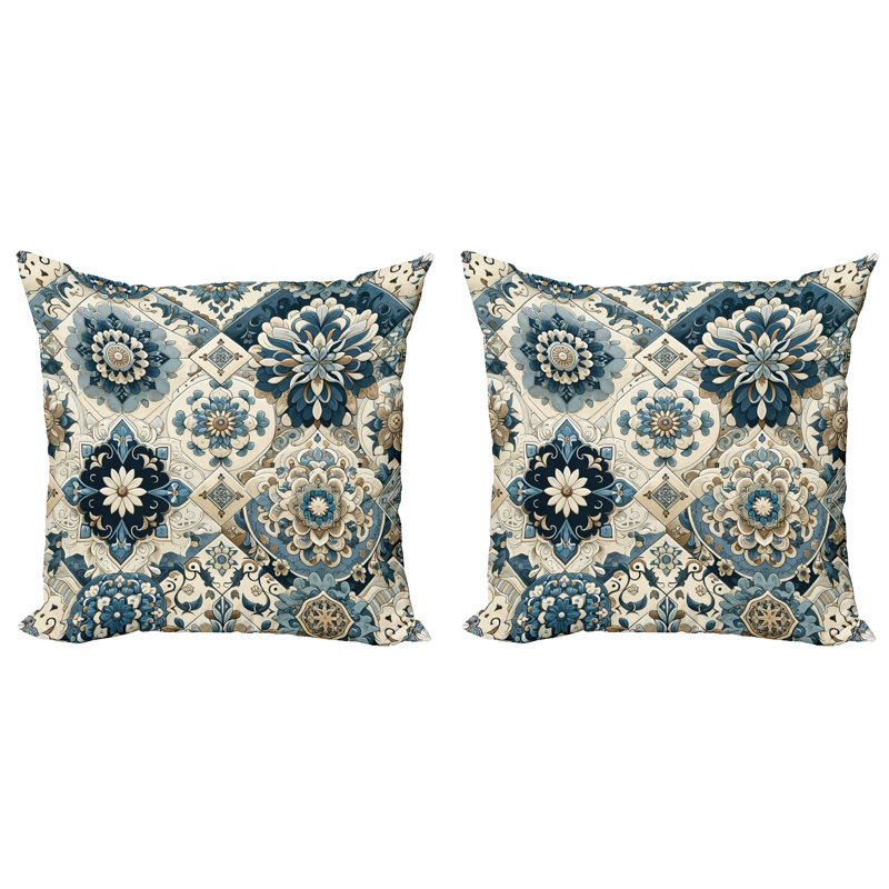 430014_Ambesonne Ethnic Throw Pillow Cover 2Pack Mosaic Look Azulejo Inspired, 24"H x 24"W