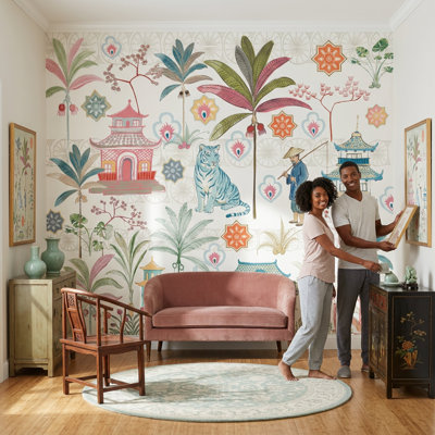 White Background Wallpaper Chinoiserie Removable Tropical Wall Decor