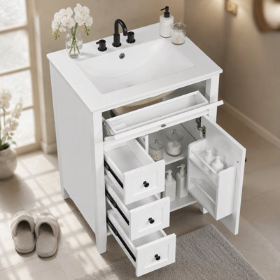 Meuble-lavabo de 24 po avec lavabo, panneau de fibres à densité moyenne et bois d'hévéa, 3 tiroirs et armoire avec tablettes réglables, conception moderne pour les petites et moyennes salles de bain