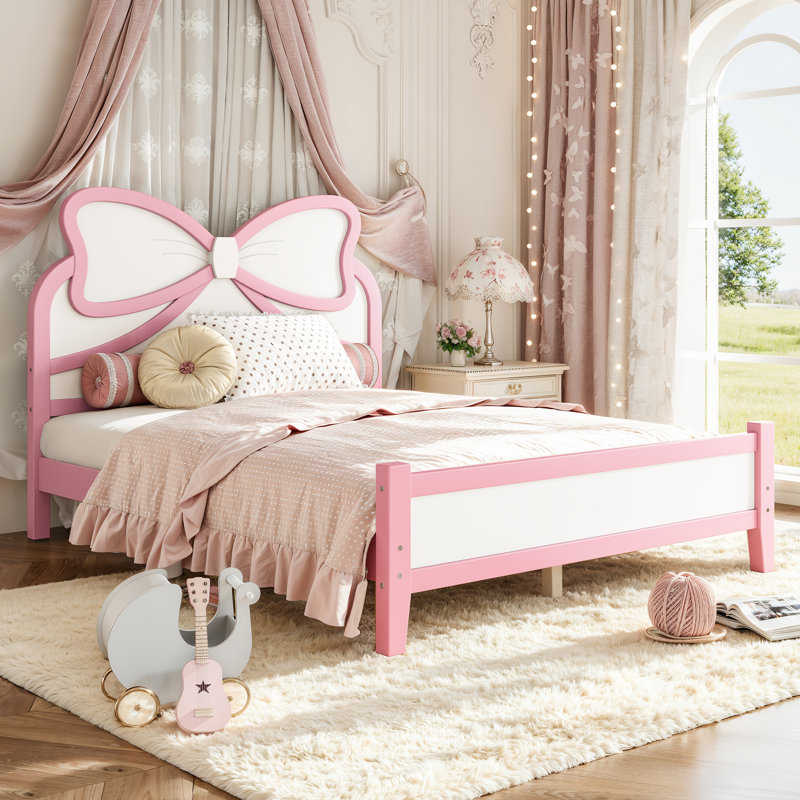 Lit plateforme en bois avec tête de lit et lattes, Blanc rose