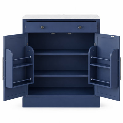 Meuble de rangement de cuisine autoportant de style campagnard, buffet/bar à café avec tiroir, 2 étagères réglables et double porte pour cuisine/salle à manger, bleu