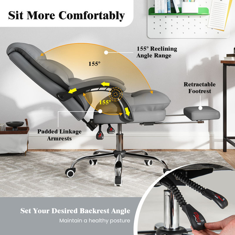 Ergonomic Office Chair PU Leather Computer Chair W/Swivel Seat, Gray