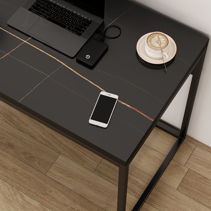 Home Office Desk, Black Marble, Black/Black