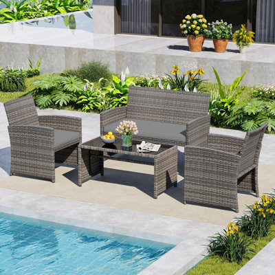 4 Piece Patio White Conversation Set Rattan Chair Loveseat & Table Set With Seat Cushions-White