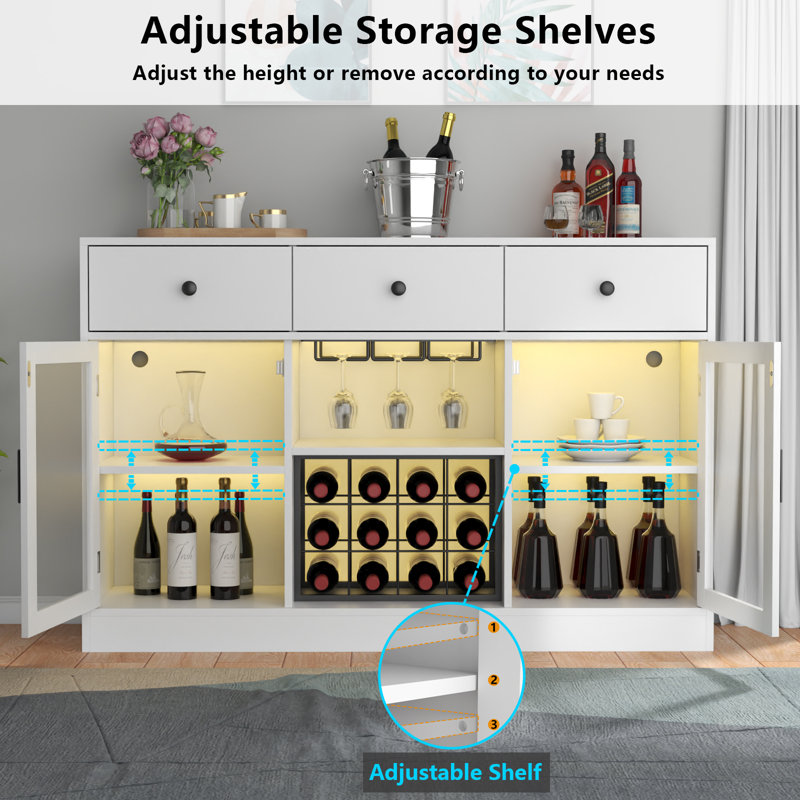 White Modern Wine Bar Cabinet with LED Lights and Glass Doors