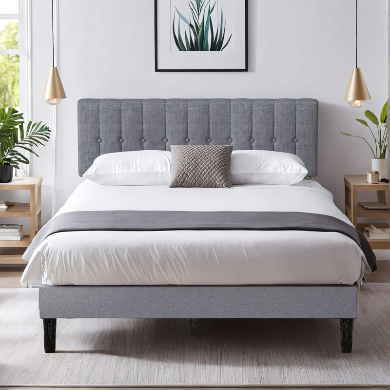 Upholstered Platform Bed Frame With Tufted Fabric Adjustable Headboard, No Box Spring Needed, Gray, Full