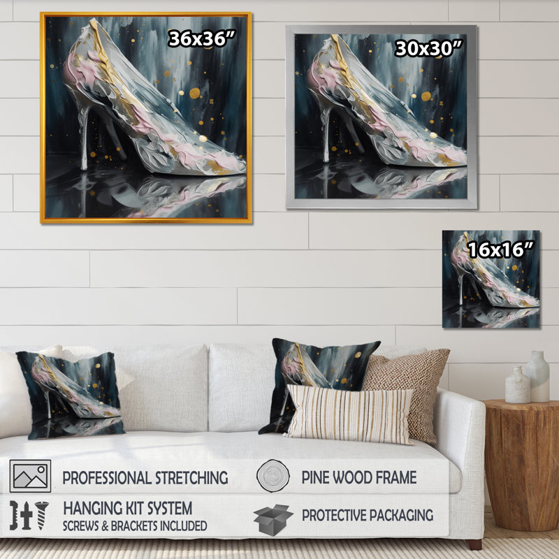 «Pink High Heel Enchantment I», reproduction d'art sur toile, H 30 po x l 30 po x P 1 po, Cadre flottant doré