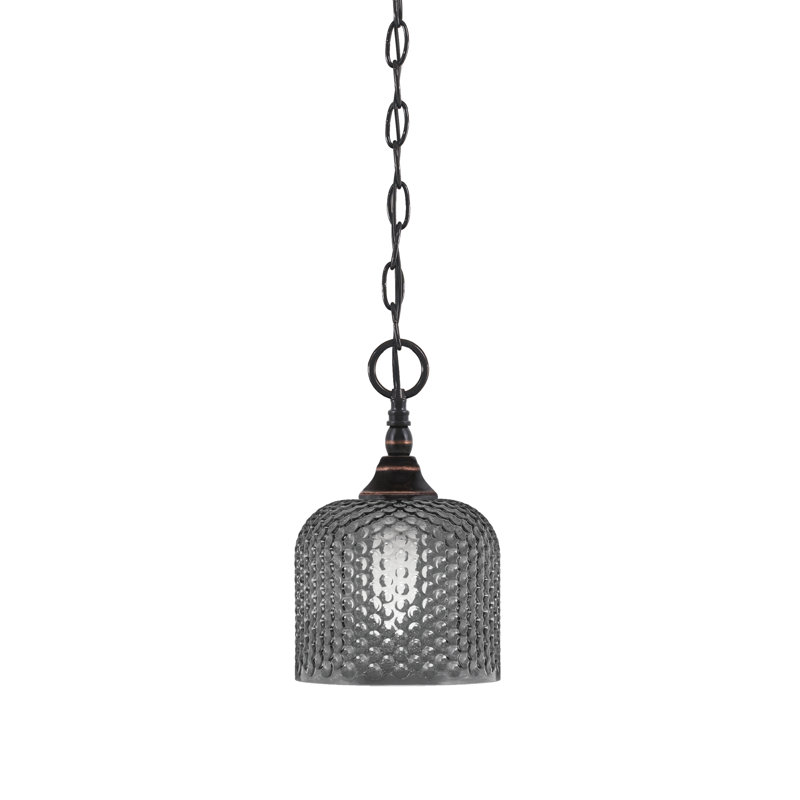 Chain Hung Mini Pendant Shown In Black Copper Finish With 6″ Smoke Textured Glass, Copper/Black