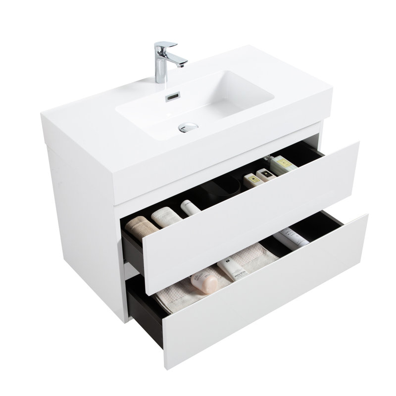 Meuble-lavabo blanc - taille 36 po, 20% plus de rangement, armoire murale moderne au design épuré, blanc, grande poignée