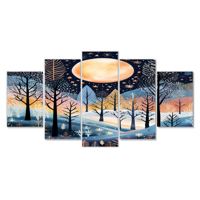 Pleine lune sur les bois d'hiver de Noël - Ensemble de 5 décorations murales forêt, H 32 po x l 60 po