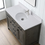 48" Engineered Stone Single Bathroom Vanity Top In Carrara White With Sink Faucet Hole/Backsplash/Overflow (Top Only)