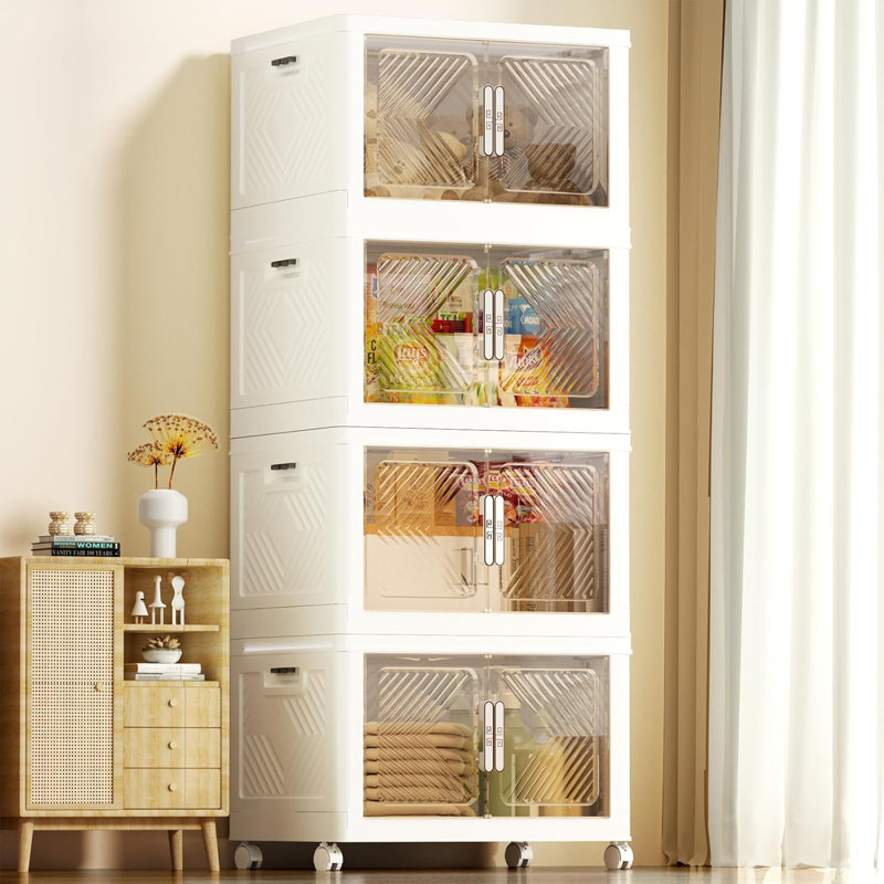 Plastic Stackable Storage Bins, Folding Organizer Boxes With Wheels And Magnetic Doors for Home & Office