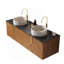 Meuble-lavabo 60 po, meuble-lavabo mural en contreplaqué avec 4 portes, 2 lavabos ronds blancs en céramique avec motif en pierre et comptoir en pierre frittée noire, couleur grain de bois chêne brun-1121931257-1121931262-1121931260