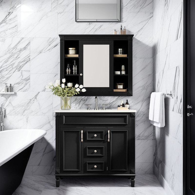 35" Bathroom Vanity Set w/ ?Mirror Cabinet - ?Soft-Close Drawers & ?Triple Storage, Black, Silver