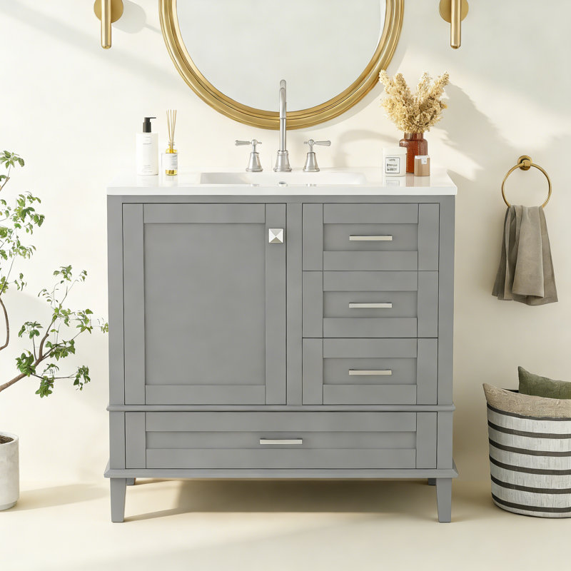 Meuble-lavabo moderne 36 po avec cadre en pin massif, 1 porte à fermeture douce et 3 tiroirs, armoire de rangement moderne
