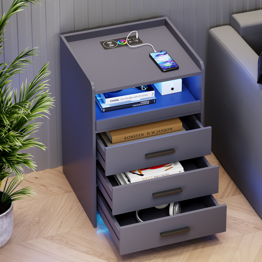 3 Drawers Bedside Table with Charging Station and Led Lights