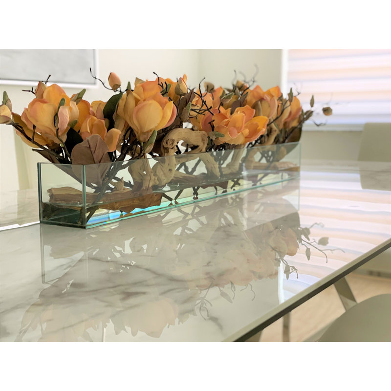 Glass Plate Magnolia Floral Arrangement And Centerpiece In Planter, 10" H x 24" W x 7" D, Peach