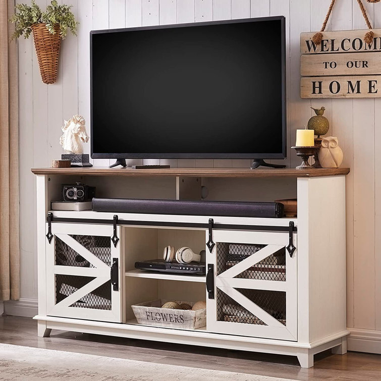 Castillo Farmhouse 58" TV Stand for 75" TV Sliding Barn Door, Adjustable Shelves for Living Room