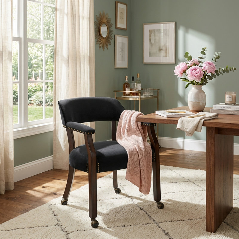 Wexford Collection Mid-Century Modern Upholstered Fabric Dining Chair, Wood Accent Chair with Arms and Casters for Dining Room, Vanity or Office, Velvet-Look Black Dining Chair