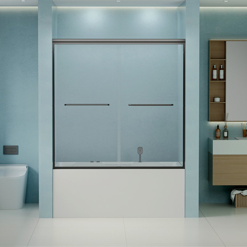 56"-60" W X 58" H Double Sliding Bathtub Shower Door, Semi-Frameless Bypass Tub Door, 1/4" (6Mm) Tempered Glass With Explosion-Proof Film, Adjustable Aluminum Alloy Frame, Matte Black 24D03-T60MBX