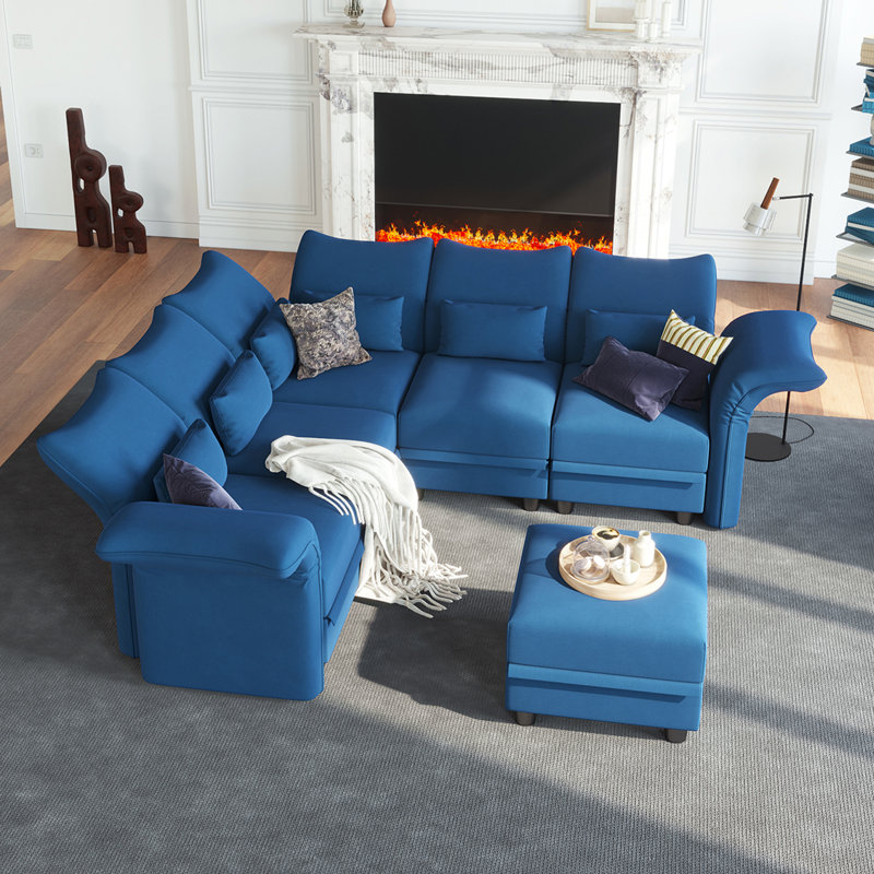 Ahren Velvet Reclining L-Shaped Sectional Reversible, Blue Velvet