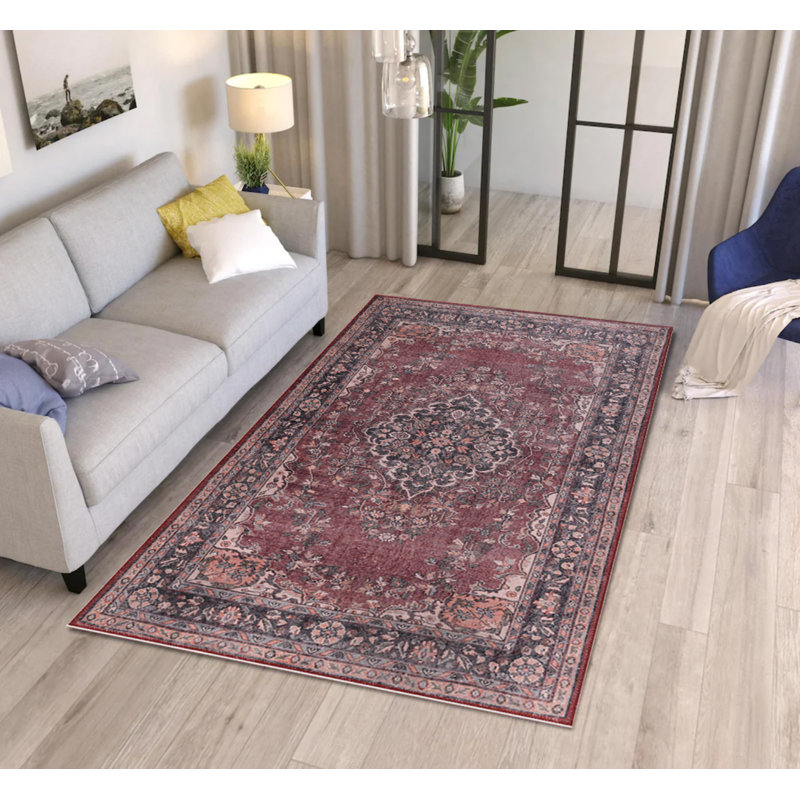 Burgundy Oriental Vintage Look Woven Base Decorative Carpet, Runner 2'6" x 5'