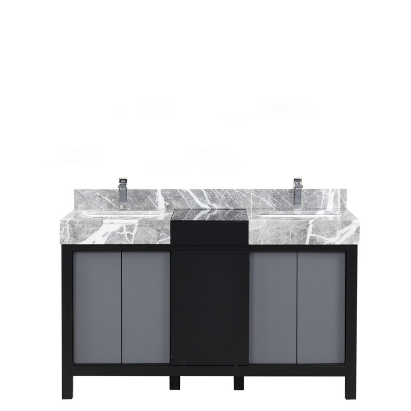 Ensemble de meuble-lavabo double bicolore avec plateau en marbre gris château et robinet chromé