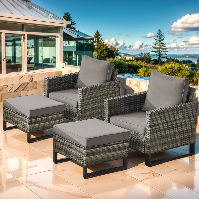 Nazime Outdoor Patio Chairs With Ottomans (Set Of 2), Gray, Gray