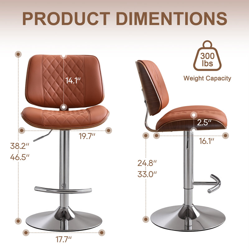 Swivel Adjustable Height Bar Stool, PU Leather Seat with Metal Frame for Kitchen Counter, Modern Orange, Orange, 1