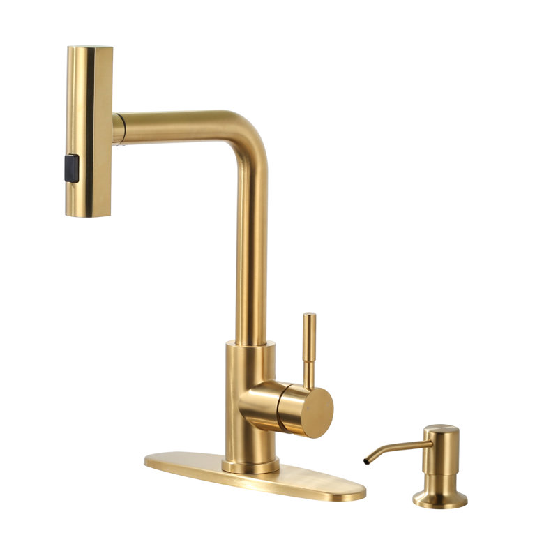 13.5 In. Single Handle Waterfall Pull Down Sprayer Kitchen Faucet With Soap Dispenser In Brushed Gold