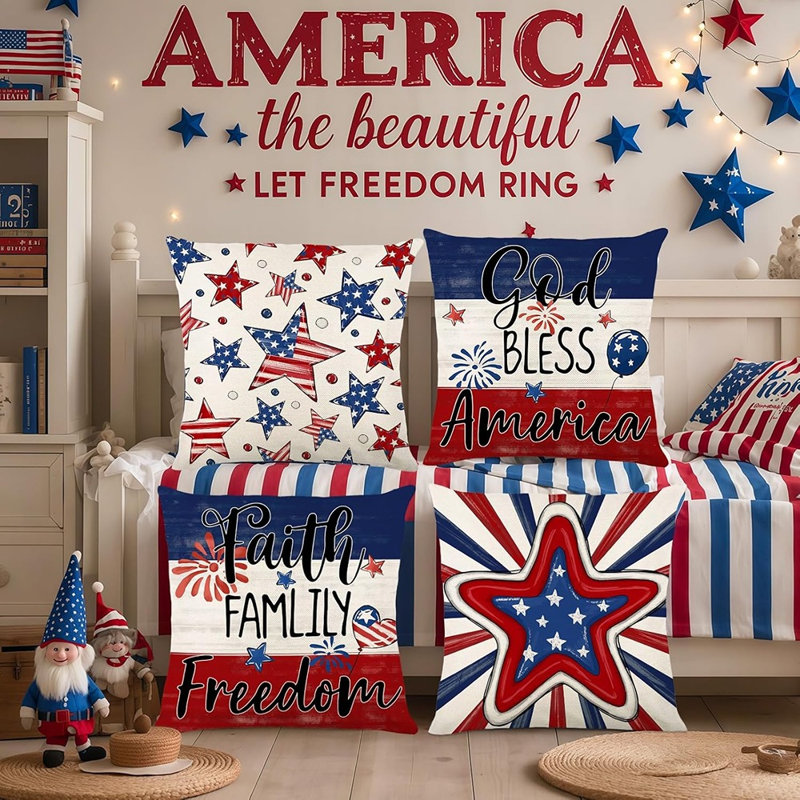 4Th Of July Throw Pillow Covers 18X18 Patriotic American Independence Day Memorial Day Red White Blue Pillow Case Cushion Covers Home Outdoor Sofa Couch Decorations Set Of 4