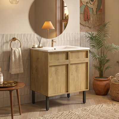 30" Floor-Standing Bathroom Vanity With Ceramic Sink, 3D Grooved Texture Cabinet With CARB2 Certified Eco-Friendly Board, Oak