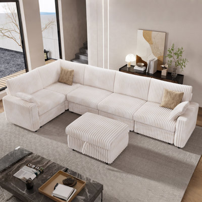 Canapé modulaire à 5 places, canapé en velours côtelé avec repose-pieds de rangement, coussin de siège surdimensionné, conception modulaire pour des combinaisons flexibles, assemblage sans outil, comprend 2 coussins décoratifs