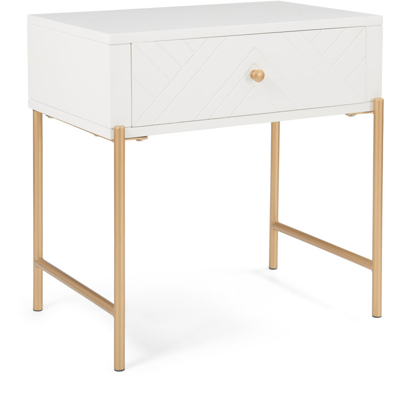 White and Gold Rectangular Wood and Metal Side Table with Drawer