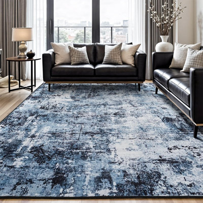Tapis lavable moderne à motifs abstraits bleu marine et noir, doux et antidérapant, idéal pour le salon, la chambre à coucher, la salle à manger, le bureau et la chambre d'étudiant.