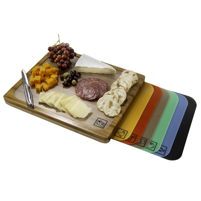 Bamboo Cutting Board with Color-Coded Flexible Mats Set