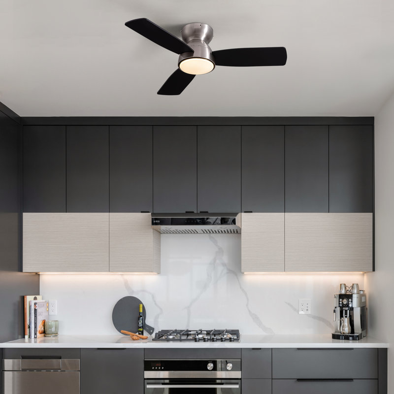  Ventilateur de plafond standard à DEL à 3 pales 32 po avec ensemble d'éclairage et télécommande, Nickel, Noir, 32"