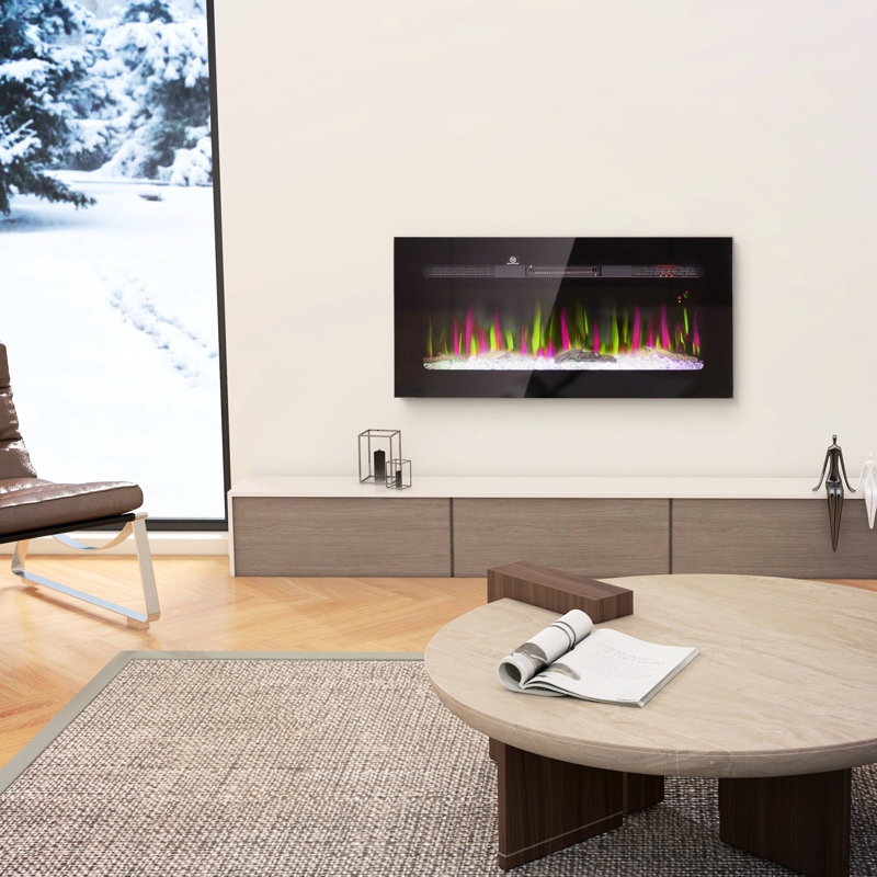 Foyer électrique 1500 W de 1500 W - encastré et mural, minuterie 8H, luminosité de flamme réglable, cristal de bûche, acier noir, chaleur sécuritaire 1500 W, télécommande, couleur silencieuse