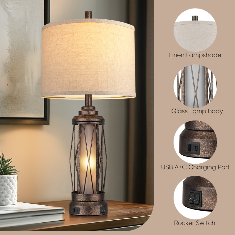 Farmhouse Table Lamps for Living Room, Rustic Nightstand Lamp for Bedroom with USB A+C Charging Ports, Built-in Frosted Glass Night Light for Entryway End Table, 4 Bulbs Included, Bronze
